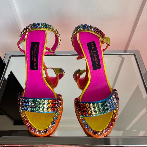 Dolce & Gabbana Shoes - Dolce & Gabbana Fuchsia and Yellow Multicolor Crystal Embellishment Heels